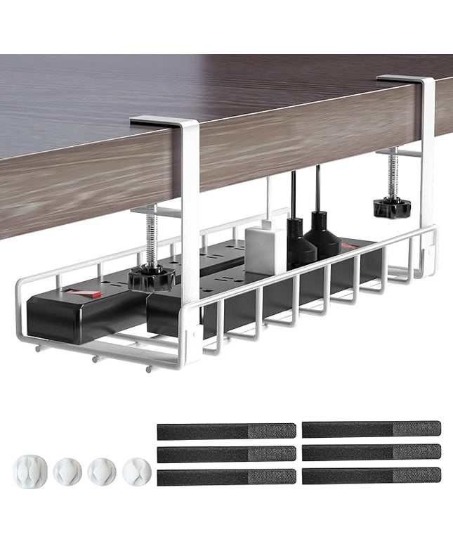 Under Desk Cable Management Tray, Xpatee Upgraded Wire Management No Drill No Screws, Cable Tray with Clamp for Wire Organizers, Computer Cord Rack for Office, Home - No Damage to Desk White