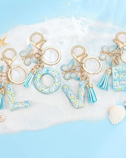 Fashion Alphabet Initial Letter Keychain Tassel Butterfly Pendant Key Ring for Purse Handbags Women Girl