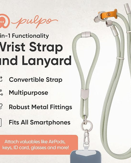 Pulpo 2 in 1 Anti Theft Phone Lanyard and Wrist Strap for iPhone and Android, Adjustable Cell Phone Leash and Universal Tether, Hands Free Strap for Travel Running and Everyday Use, Sage