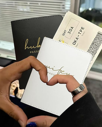 Mr&Mrs Gifts Matching Passport Holders for Bride and Groom, Hubby&Wifey Gold Foil Logo, Dual PU Leather with Card Pockets, Honeymoon Travel Essentials Gift for Newlyweds(HW Black White)