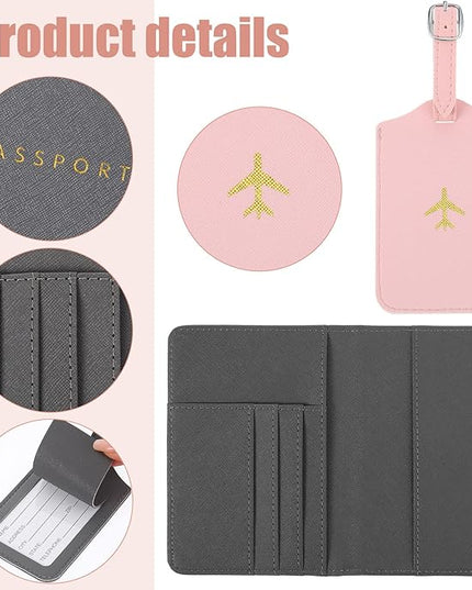 2 Pieces Passport Covers and 2 Pieces Luggage Tags, Passport Holder Travel Suitcase Tag (Pink, Gray)