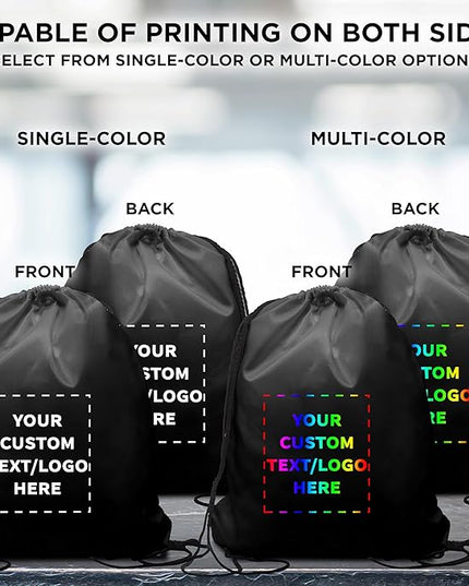 DISCOUNT PROMOS Custom Classic Polyester Drawstring Bagpack Set of 10/50/100, Personalized Bulk Pack - Great for Travelling, Gym and for Everyday Use - Black