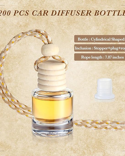 BBTO 200 Pcs Hanging Car Diffuser Bottles Bulk, Empty Clear Glass Air Freshener Bottles with Wooden Cap for Perfume Essential Oils Fragrance Aromatherapy Ornament(Cylinder)