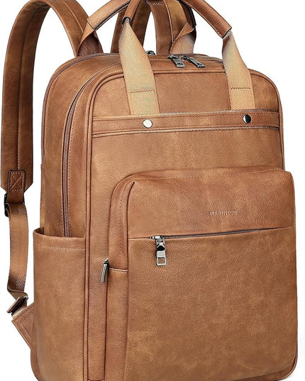 MASINTOR Leather Laptop Backpack for Women, Stylish Computer Backpack College Business Work Shoulder Bags Work and Travel Mocha Brown