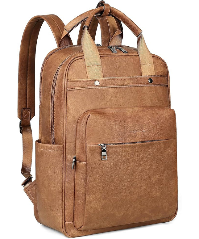 MASINTOR Leather Laptop Backpack for Women, Stylish Computer Backpack College Business Work Shoulder Bags Work and Travel Mocha Brown