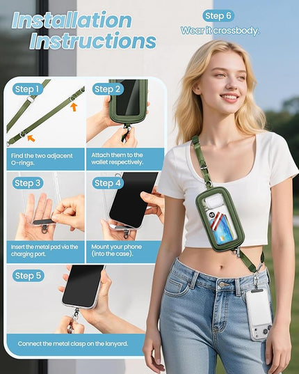 SHANSHUI Clip and Go Phone Strap Wallet Crossbody Phone Lanyard, Detachable Wristlet Strap with Zipper Phone Screen ID Window, 2 Pcs Metal Tether Pads Compatibe for iPhone & Most Smartphones Green