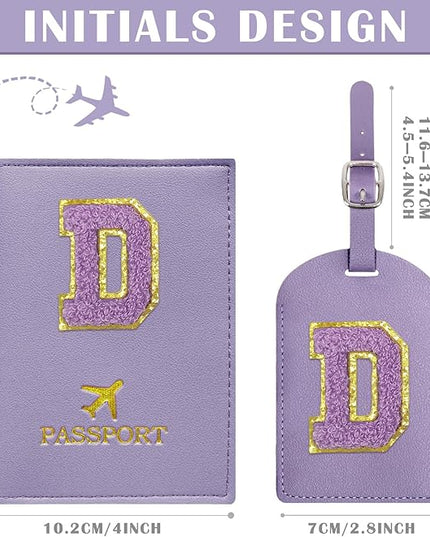 COSHAYSOO Initial Passport Cover Luggage Tag Set Letter Passport Holder Airplane Cruise Travel Essentials Vacation Traveling Accessories Personalized Gifts for Women Teen College Girls Purple D