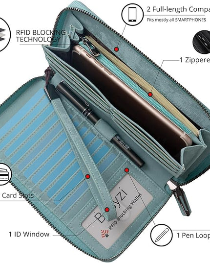 Bveyzi Women RFID Blocking Wallet Leather Zip Around Phone Clutch Large Capacity Ladies Travel Purse Wristlet | RFID Blocking, Zip Around, Large Capacity