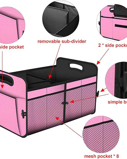 Femuar Car Trunk Organizer,Car Storage Organizer with 72L Large Capacity Waterproof Collapsible and 11 Pockets,Trunk Organizer for Car Suv/Jeep/Sedan, Large Size, Pink
