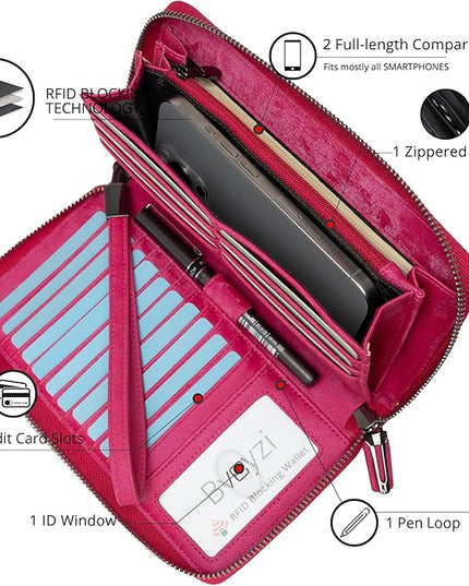 Bveyzi Women RFID Blocking Wallet Leather Zip Around Phone Clutch Large Capacity Ladies Travel Purse Wristlet | RFID Blocking, Zip Around, Large Capacity