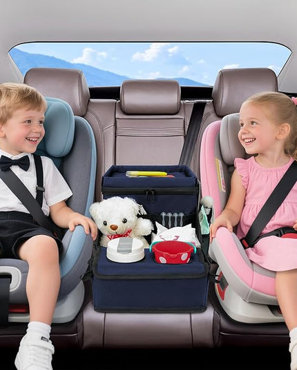 Car Seat Organizer, Backseat Car Organizer with Cup Holder Tray and Storages for Kids and Adults, Portable Travel Cooler for Car for Front or Back Seat Passenger Organizer Ccompartment (Navy Blue)