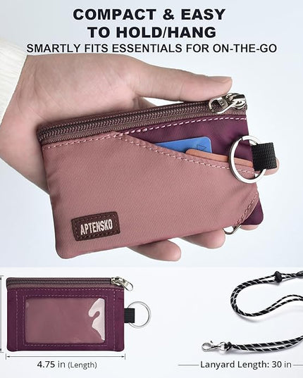 RFID Travel Wallet with Adjustable Lanyard-Zipper Small Wallet with ID Card Holder, Keychain for women&men-Minimalist Slim Waterproof Nylon case for ID, Cash, Key (Mauve+Plum Wine)