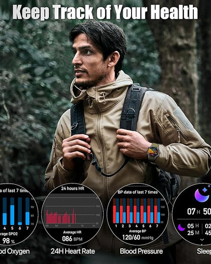 WalkerFit Military Rugged Smart Watch for Men 1.43" AMOLED Smartwatch, Always-on, IP68 Waterproof for Swim, HR Sleep Monitor, Bluetooth Call Fitness Watch for iPhone Andriod Compatible, Army Green