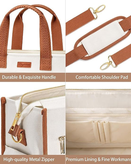 Canvas Tote Bag for Women, 15-Pockets Work Laptop Tote Purse Large Crossbody Nurse Teacher Bible Bag for School Travel Daily | with Strap & Zipper, Multi Compartment, Stand Upright Stably, College Shoulder Bag, Clinical Nursing Bag, Ideal Gift for Women