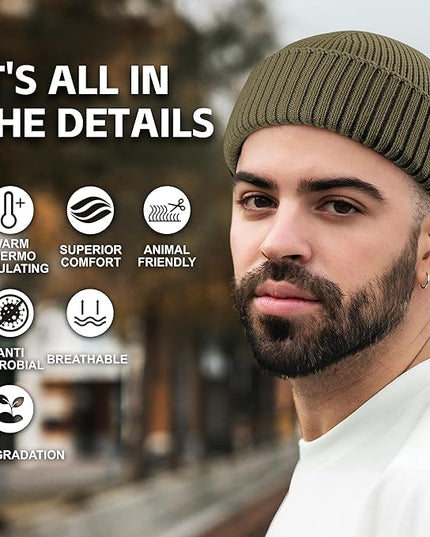 100% Merino Wool Fisherman Beanie for Men Women, Short Knit Cuff Trawler Winter Hat, Warm Soft Outdoor Gift