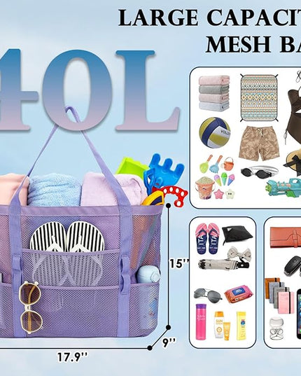 Mesh Beach Bag, Large Beach Tote with Zipper Pocket, Toys Pool Bag for Family Travel Vacation Cruise Essentials
