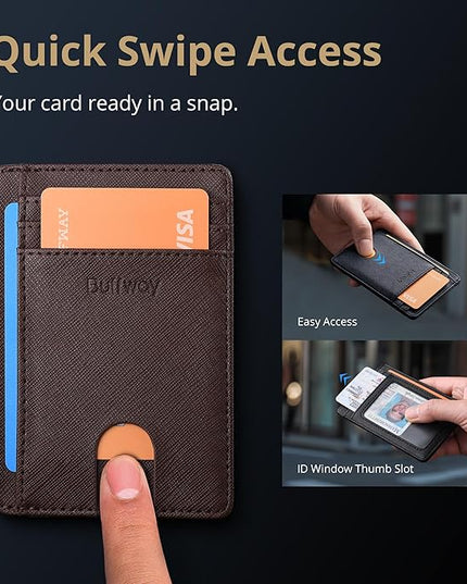 Buffway Slim Minimalist Front Pocket RFID Blocking Leather Wallets for Men and Women - Cross Coffee