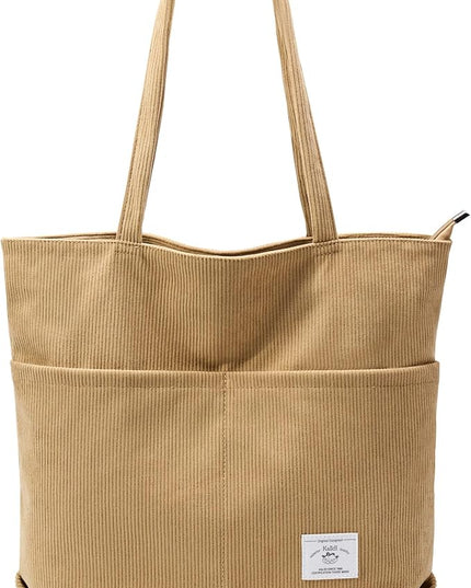 KALIDI Women Corduroy Tote Bag Zipper Casual Tote's Handbag Big Capacity Shoulder Bag with Pockets