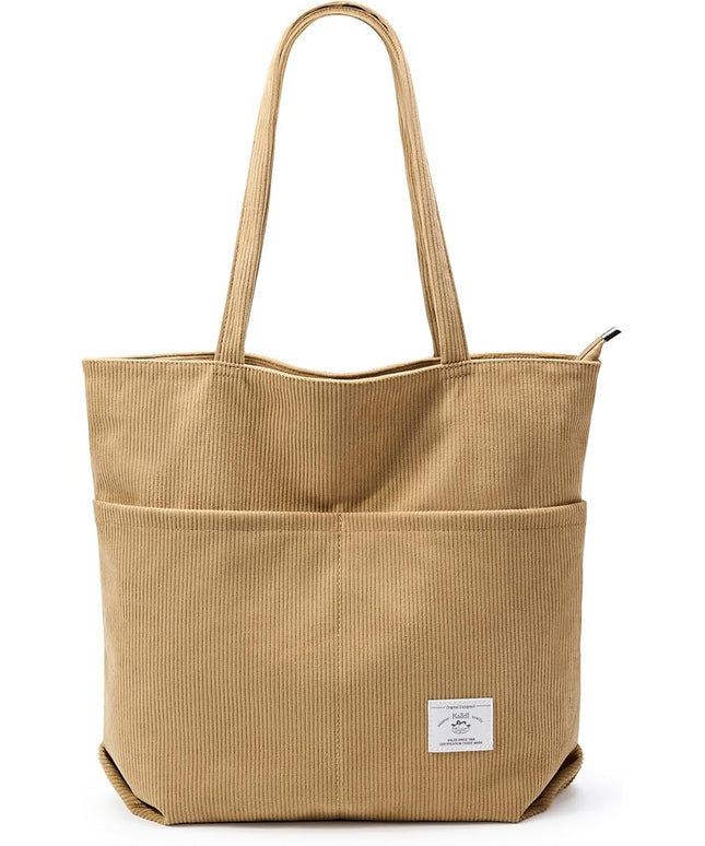 KALIDI Women Corduroy Tote Bag Zipper Casual Tote's Handbag Big Capacity Shoulder Bag with Pockets