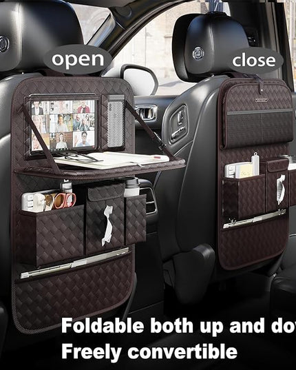 GMQ Back Seat Car Organizer 1 Pack,Backseat Organizer with Tray,Multifunctional Car Seat Back Storage Box with Foldable Tablet Holder (Coffee, Weave)