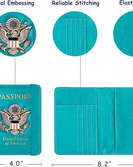 TOURSUIT RFID Blocking Passport Holder for Women Men, Leather Passport Travel Wallet with Metal 3D Metal Badge, Travel Document Holder Cover Accessories (Light Blue)