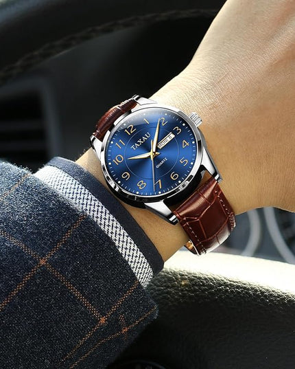 Men Dress Watch Waterproof Leather Watches for Men with Day Date Luxury Large Arabic Numerals Analog Quartz Classic Leather Watch Easy Read relojes para Hombres