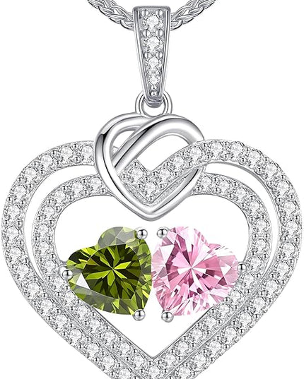 LOUISA SECRET Sparkling Double Heart Birthstone Necklaces for Women, 925 Sterling Silver Fine Jewelry, Pendant Heart Necklaces Birthday Anniversary Christmas Gift for Women Wife Mom Girlfriend Lady