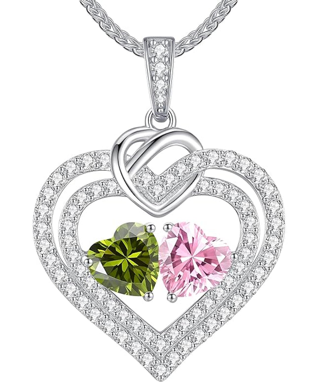 LOUISA SECRET Sparkling Double Heart Birthstone Necklaces for Women, 925 Sterling Silver Fine Jewelry, Pendant Heart Necklaces Birthday Anniversary Christmas Gift for Women Wife Mom Girlfriend Lady