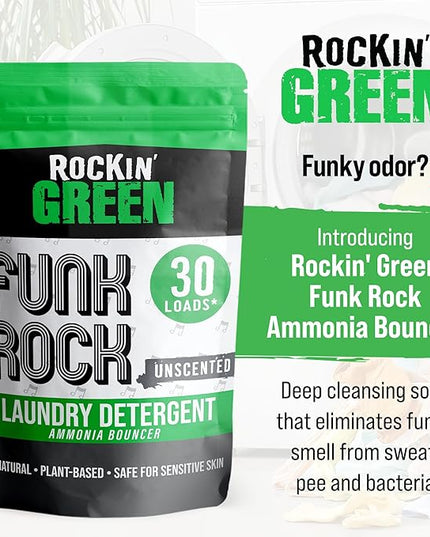 Rockin' Green Laundry Detergent, Plant based, All Natural Laundry Detergent Powder, Vegan and Biodegradable Odor Fighter, Safe for Sensitive Skin (Funk Rock Ammonia Bouncer 30 Loads - Unscented)