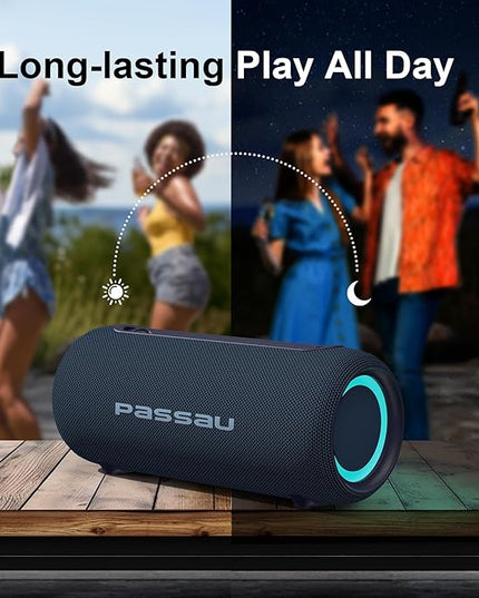 Passau Portable Bluetooth Speakers 40W Peak Loud Stereo Sound, Passive Radiators-Deep Bass, All Day Playtime, Adjustable Strap, BT5.3, IPX5 Wireless Speaker RGB Lights for Indoor Outdoor-Blue