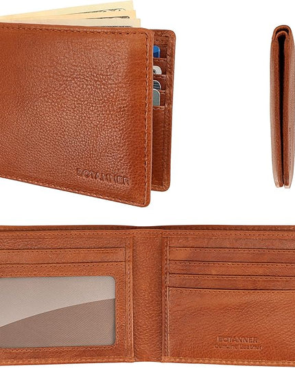 BOTANNER Genuine Leather Mens Bifold Wallet Slim RFID Blocking 5 Credit Card Slots 1 ID Window 2 Sections for Bills 2 Additional Slots | Tan