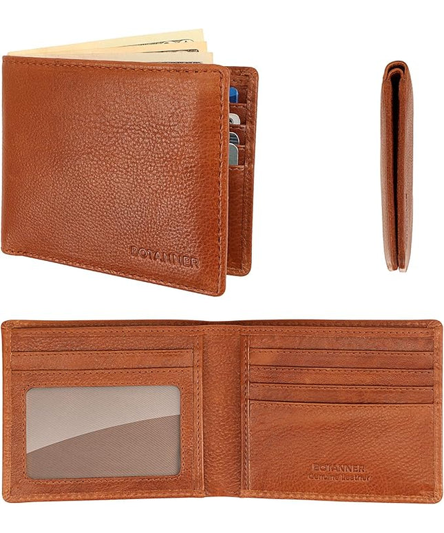 BOTANNER Genuine Leather Mens Bifold Wallet Slim RFID Blocking 5 Credit Card Slots 1 ID Window 2 Sections for Bills 2 Additional Slots | Tan