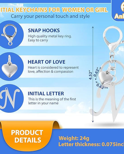 A-Z Heart Initial Letter Keychain, Stainless Steel Alphabet Charm for Handbags, Gift for Women and Girls