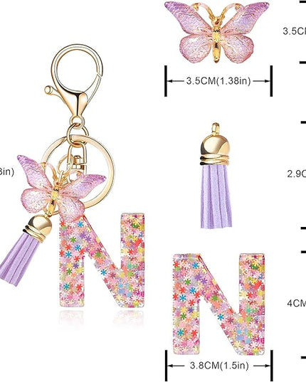 Fashion Alphabet Initial Letter Keychain Tassel Butterfly Pendant Key Ring for Purse Handbags Women Girl