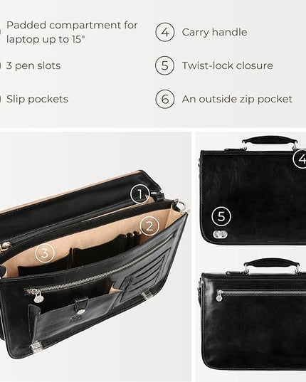 Time Resistance Leather Briefcase for Men - Italian Full Grain Leather Laptop Bag - Messenger Bag - Gift Box Included
