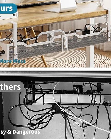 Under Desk Cable Management Tray 32'', Cable Management Under Desk No Drill, Cable Organizer with Clamp for Wire Management, Cord Organizer for Office, Home - No Damage to Table (White)