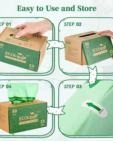 ECOLipak 13 Gallon Compostable Trash Garbage Bags, 50 Count (1 Roll) Biodegradable Heavy Duty Bathroom Kitchen Trash Bags for Home/Office, US BPI ASTM D6400 and OK Compost Home Certified