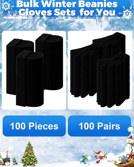 Suhine 200 Pieces Winter Beanies Gloves Sets Include 100 Warm Knitted Hats Bulk and 100 Gloves for Men Women Homeless