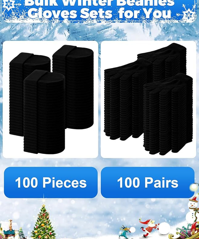 Suhine 200 Pieces Winter Beanies Gloves Sets Include 100 Warm Knitted Hats Bulk and 100 Gloves for Men Women Homeless