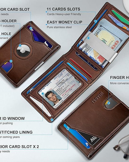 miyozi Airtag Wallet for Men,with Money Clip 11 Cards Slim Front Pocket Leather RFID Blocking Wallet with Gift Box