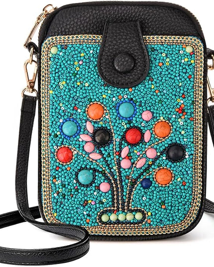 Women's Small Crossbody Cell Phone Bag, Boho Colorful Beaded Purse Wallet with Handmade Cute Patterns