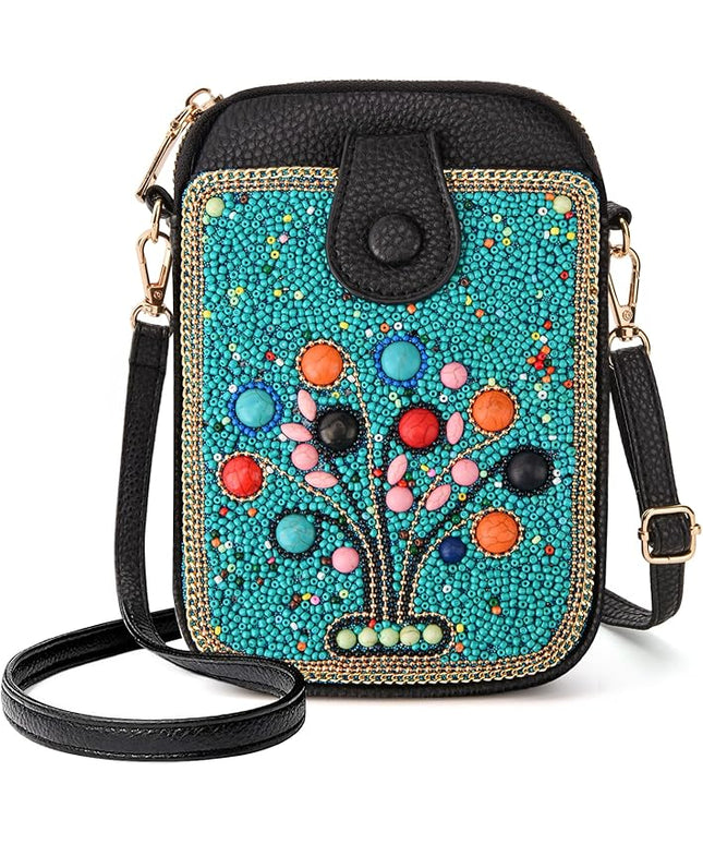Women's Small Crossbody Cell Phone Bag, Boho Colorful Beaded Purse Wallet with Handmade Cute Patterns