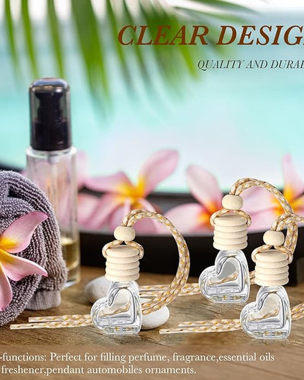 BBTO 200 Pcs Hanging Car Diffuser Bottles Bulk, Empty Clear Glass Air Freshener Bottles with Wooden Cap for Perfume Essential Oils Fragrance Aromatherapy Ornament(Heart)
