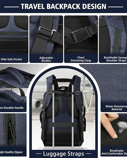 Travel Backpack,Expandable 40-50L Carry on Backpack with USB Cable Port,Fits 17.3 Inch Laptop,Flight TSA friendly,Anti Theft Water Resistant Laptop Backpack for Men Women Weekend Travel,Commuting,Blue