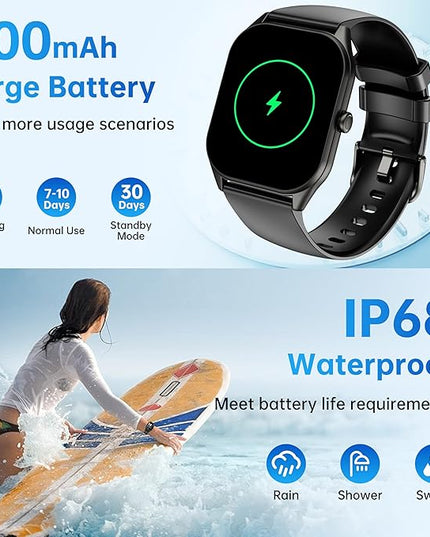 Smart Watch for Men Women, 2.0" HD Touchscreen Fitness Tracker, Bluetooth Calls/Notifications, IP68 Waterproof, 100+ Sport Modes Fitness Watch, Heart Rate Sleep Monitor Smartwatch for Android iOS