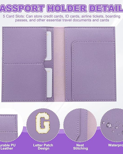PATIKIL Passport Holder for Travel, Initial Passport Cover and Luggage Tag Set with Alphabet Chenille Letter Patch Travel Wallet Bag Suitcase Identifier for Women Family Travel Purple G