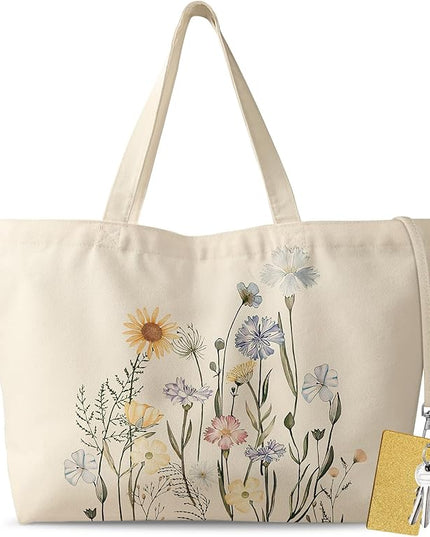 Large Tote Bag for Women - Aesthetic Cute Big Canvas Bags with Zipper Cotton Shoulder Bag for Gym, Travel, Work
