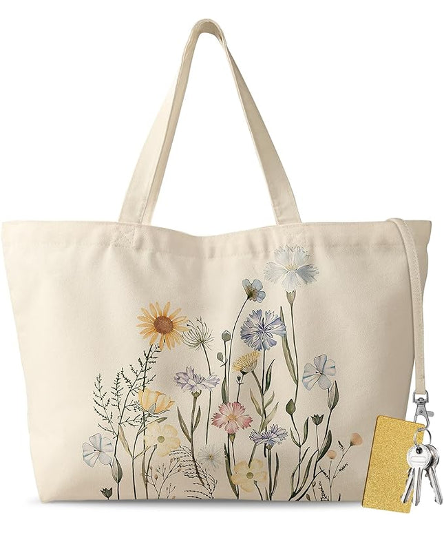 Large Tote Bag for Women - Aesthetic Cute Big Canvas Bags with Zipper Cotton Shoulder Bag for Gym, Travel, Work