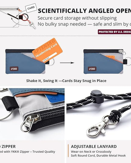 RFID Travel Wallet with Adjustable Lanyard-Zipper Small Wallet with ID Card Holder, Keychain for women&men-Minimalist Slim Waterproof Nylon case for ID, Cash, Key (SlateBlue+Grey)