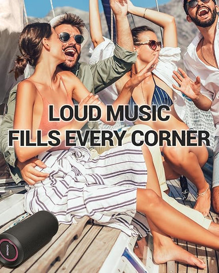 Wireless Waterproof Bluetooth Speaker - Portable Speaker Loud with Built-in Subwoofer and Tweeter, Extra Bass, Stereo Sound, IP67, Colorful Lights for Party, Outdoor, Camping - Black